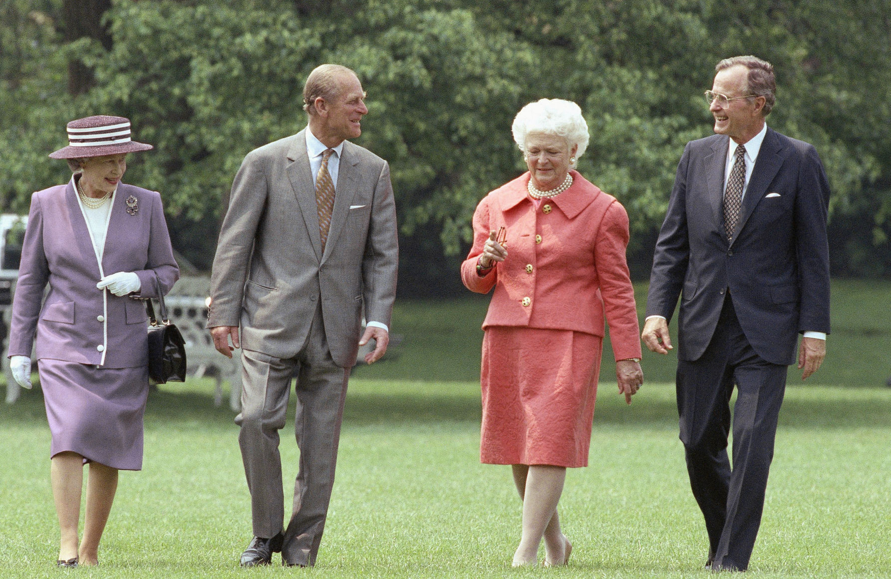 1991: George H.W. Bush, Barbara Bush, Queen Elizabeth II and Prince Philip